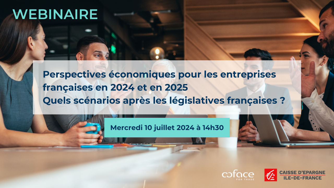 Webinaire : "Perspectives &eacute;conomiques pour les entreprises fran&ccedil;aises en 2024 et en 2025 - Quels sc&eacute;narios apr&egrave;s les l&eacute;gislatives fran&ccedil;aises ?" Le Mercredi 10 juillet 2024 &agrave; 14h30.