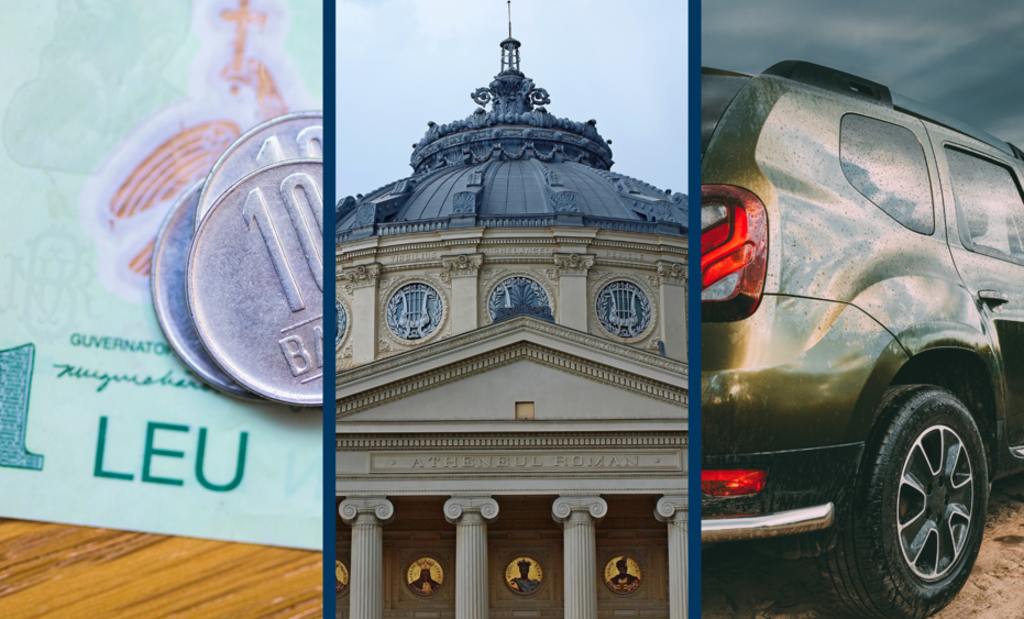 A collage mixing images of the Romanian currency, an emblematic cultural institution and Dacia, a romanian car brand.