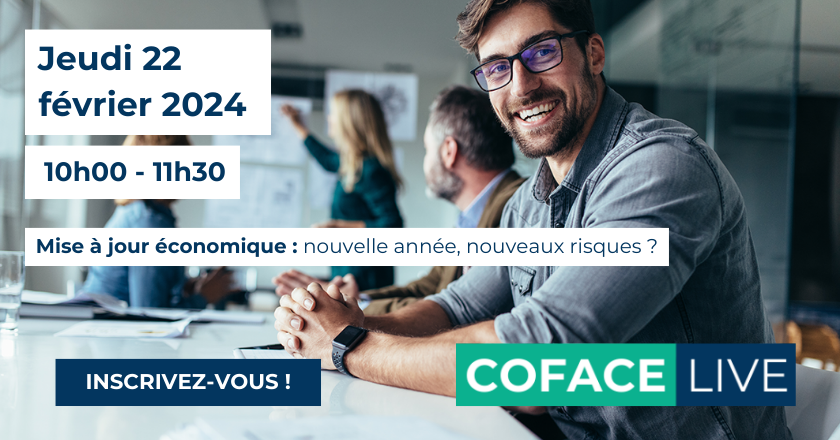 Coface Live en allemand : Mise &agrave; jour &eacute;conomique - nouvelle ann&eacute;e, nouveaux risques ? Le jeudi 22 f&eacute;vrier 2024, de 10h00 &agrave; 11h30. Inscrivez-vous !